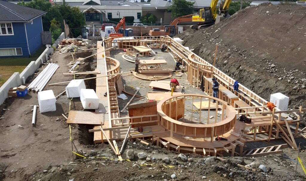 Construction site featuring complex wooden framing for a future structure with workers on site.