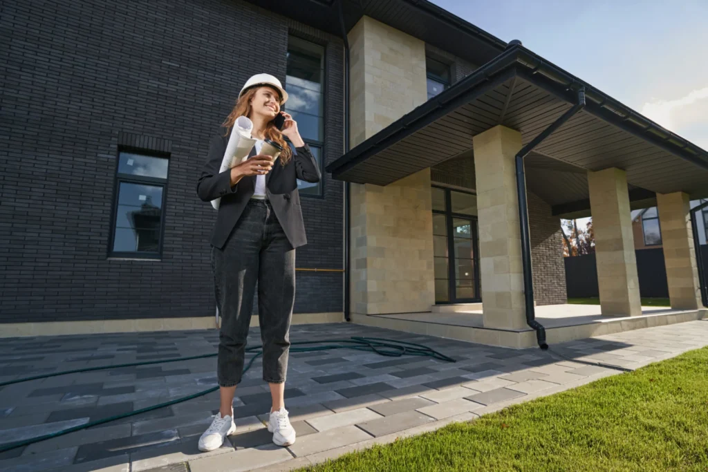 Woman in a hard hat holding blueprints and a coffee, standing in front of a modern home.