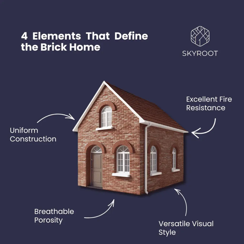  The Skyroot infographic displays a classic red brick house with white trim, arched windows, and a sloped roof against a dark blue background. Four defining elements are labeled with arrows: "Uniform Construction," "Excellent Fire Resistance," "Breathable Porosity," and "Versatile Visual Style." The Skyroot logo is in the top right corner.
