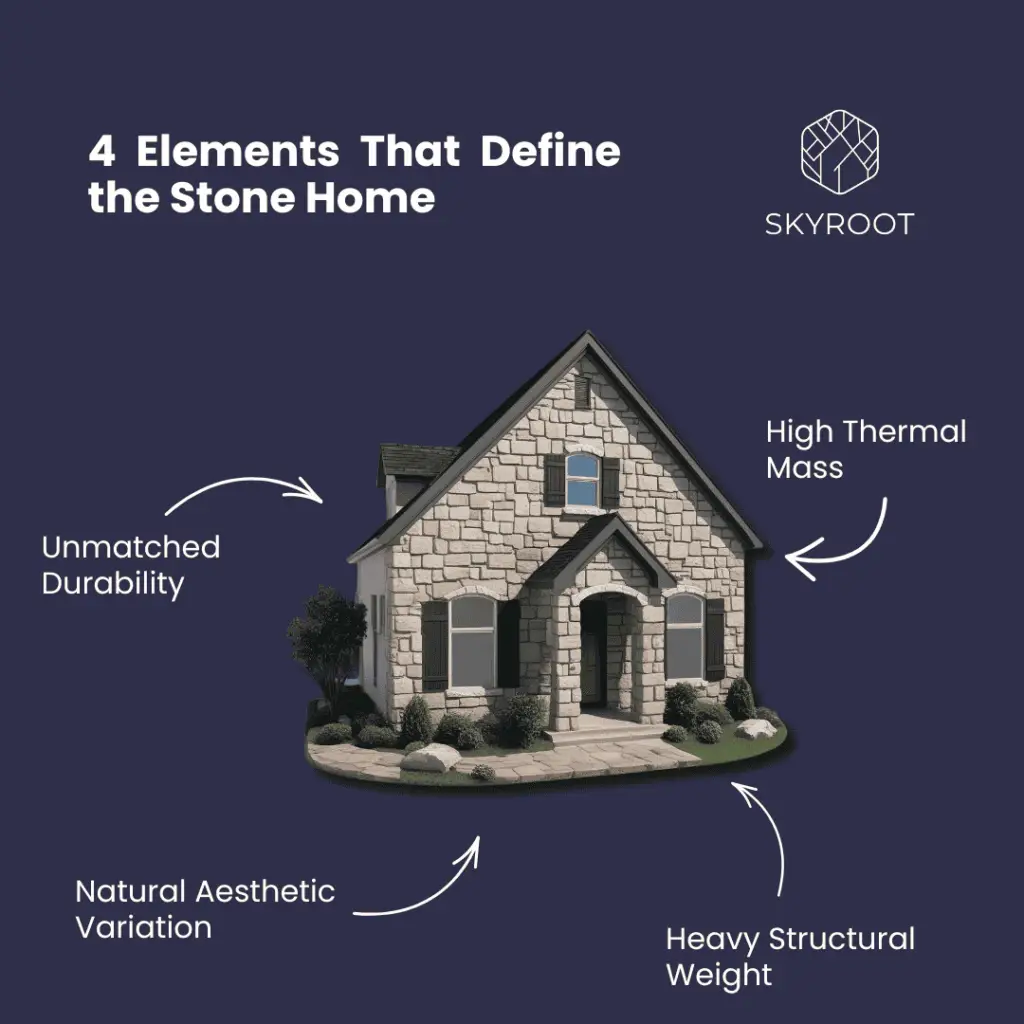 The Skyroot infographic showcases a stone house with a gabled roof, black shutters, and a small front garden against a dark blue background. Four key elements are highlighted with arrows: "Unmatched Durability," "High Thermal Mass," "Natural Aesthetic Variation," and "Heavy Structural Weight." The Skyroot logo is displayed in the top right corner.