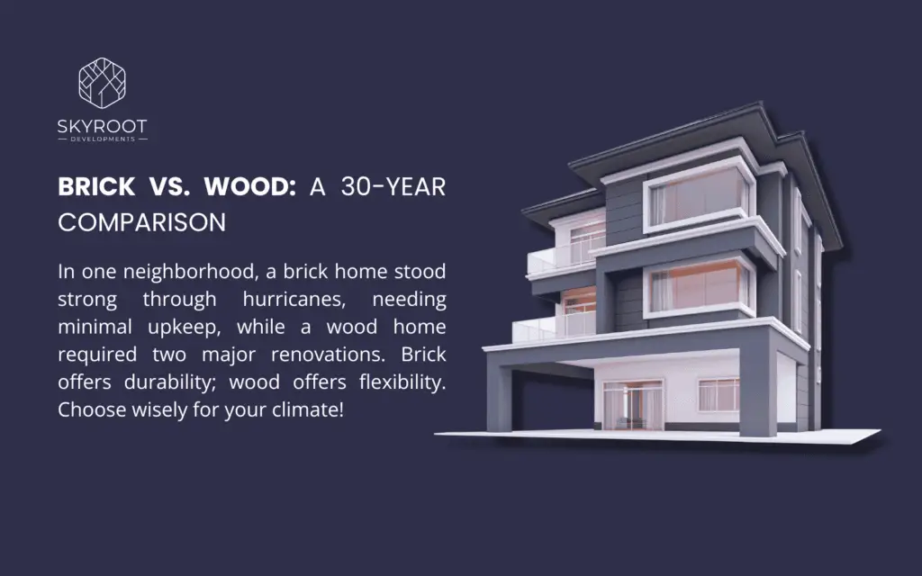 A promotional graphic from Skyroot Developments features a modern, multi-story brick home with large windows and a balcony against a dark blue background. The text highlights a 30-year comparison between brick and wood homes, noting that brick homes endured hurricanes with minimal upkeep, while wood homes needed two major renovations. It emphasizes brick's durability and wood's flexibility, advising to choose based on the climate.
Show less
