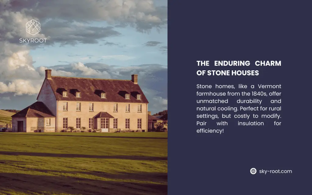 The image from Skyroot highlights stone houses, showcasing a Vermont farmhouse from the 1840s. It notes their unmatched durability and natural cooling, ideal for rural settings. However, they’re costly to modify and need insulation for energy efficiency.
