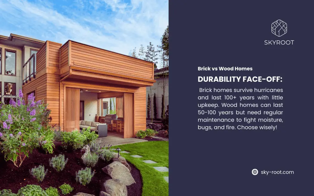 A Skyroot infographic features a modern wooden home with a lush garden and patio against a blue sky. The text compares durability: brick homes survive hurricanes and last 100+ years with little upkeep, while wood homes last 50-100 years but require regular maintenance to combat moisture, bugs, and fire.