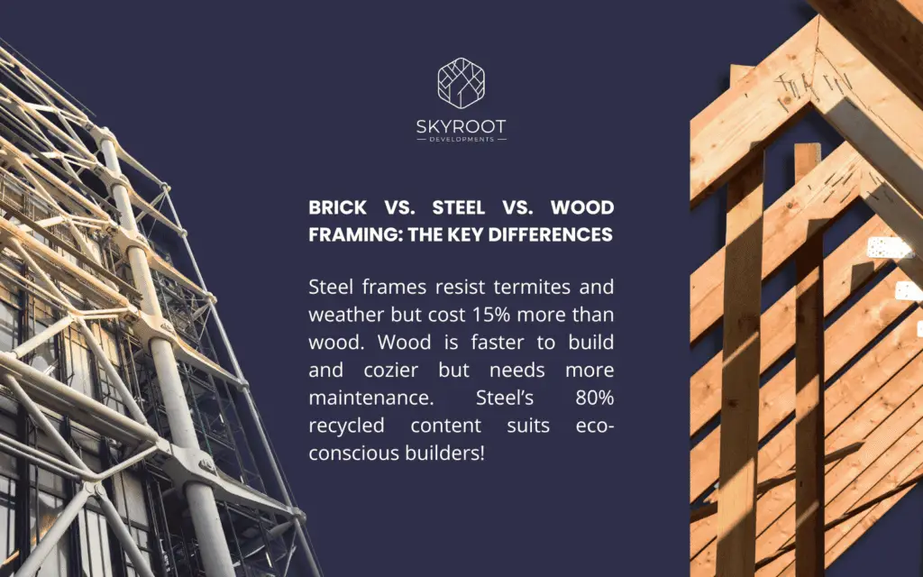  The image from Skyroot compares steel, brick, and wood framing. Steel frames resist termites and weather but cost 15% more than wood. Wood is faster to build and cozier but requires more maintenance. Steel has 80% recycled content, appealing to eco-conscious builders.