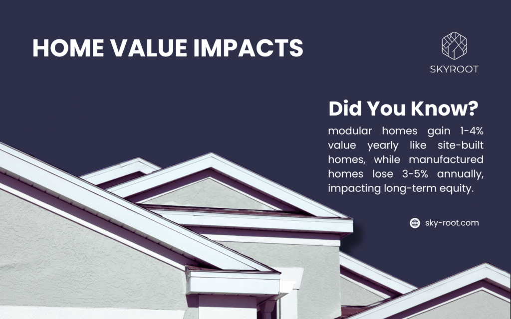 A close-up of sloped roofs on modern homes with gray siding and white trim against a dark blue background on the left, and a blue panel on the right with Skyroot text about home value impacts. It notes modular homes gain 1-4% value yearly like site-built homes, while manufactured homes lose 3-5% annually, affecting long-term equity.