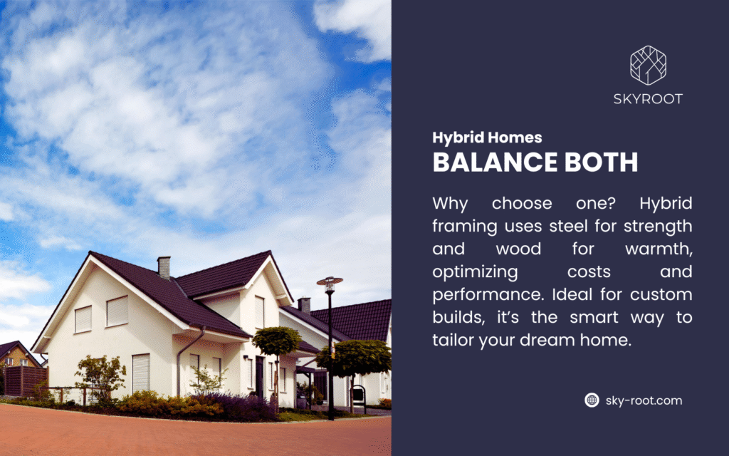 A modern hybrid home with a sleek design under a blue sky showcases hybrid home steel and wood. This construction uses steel for strength and wood for warmth, optimizing costs and performance. Ideal for custom builds, it’s the smart way to tailor your dream home. Visit sky-root.com.