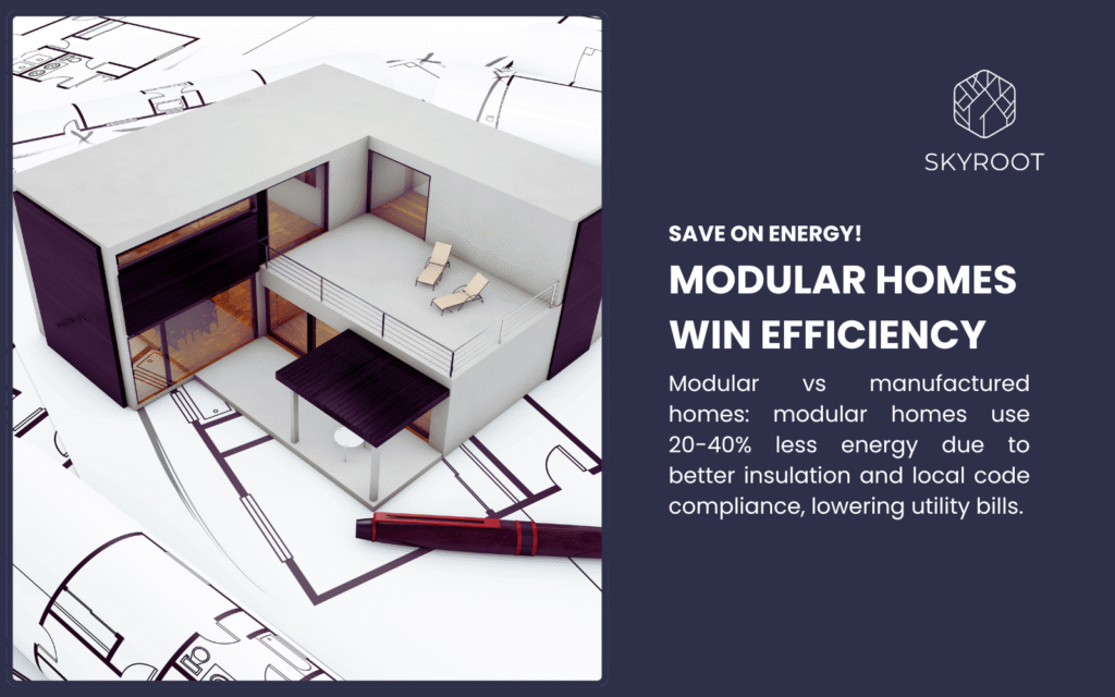 Skyroot modular home model on architectural blueprints, highlighting energy efficiency. Text: "Save on Energy! Modular Homes Win Efficiency. Use 20-40% less energy with better insulation and local code compliance.