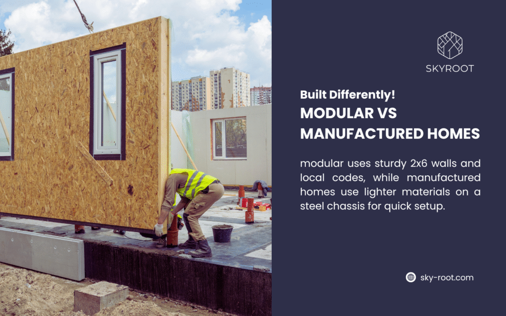 A cozy modular home with a gray exterior, white trim, and a small porch, surrounded by a well-maintained lawn and trees under a clear blue sky. Highlights the aesthetic appeal and permanent setup of modular homes compared to manufactured homes