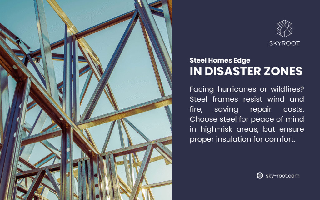Image showcasing a sturdy steel frame structure under construction, highlighting the steel homes edge in disaster zones. The design emphasizes resilience against hurricanes and wildfires, with steel frames resisting wind and fire to save repair costs. Ideal for high-risk areas, this steel home construction