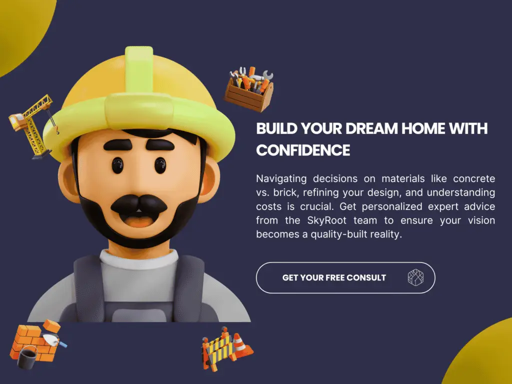 3D builder character offering expert consultation on choosing between a concrete vs brick house with SkyRoot Developments.