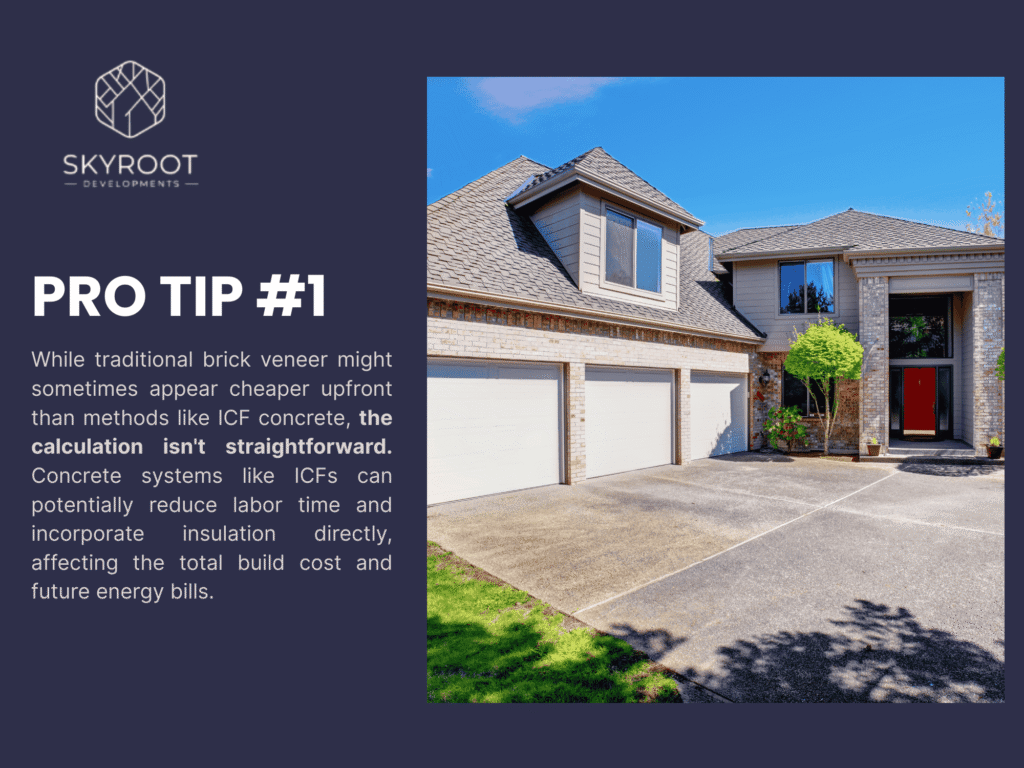 Informational graphic comparing cost factors of concrete (ICF) and brick houses, emphasizing long-term savings and insulation benefits of concrete.

