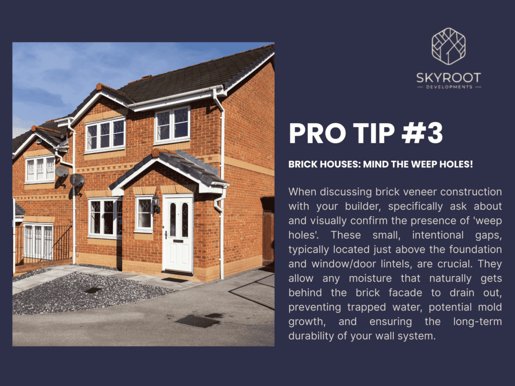 Brick veneer home with a focus on weep holes—essential tips for building a concrete vs brick house from SkyRoot Developments.
