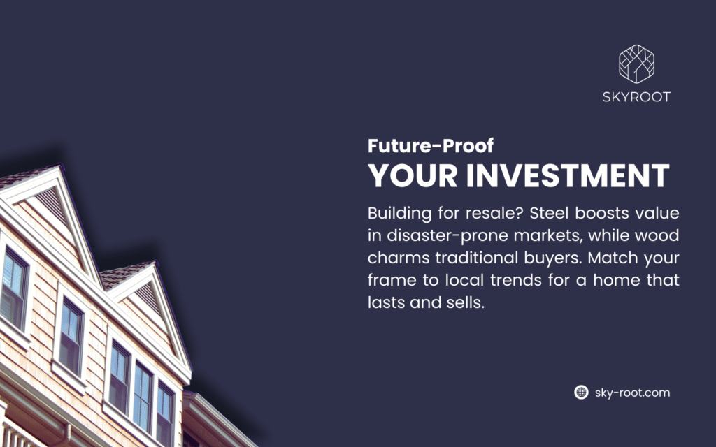 A close-up of a modern house with wooden siding highlights future-proof your investment. Steel boosts resale value in disaster-prone markets, while wood appeals to traditional buyers. Match local trends for a lasting home at sky-root.com.
