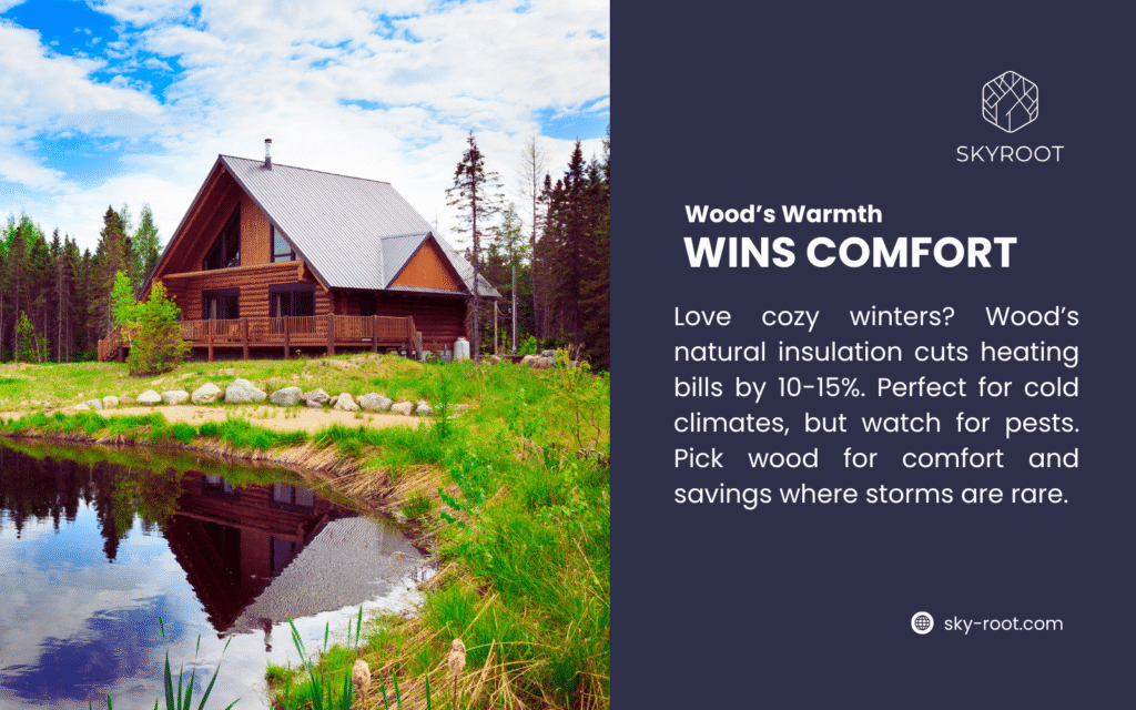 A cozy wooden cabin by a serene lake reflects wood's warmth wins comfort. Surrounded by trees and rocks under a blue sky, wood’s natural insulation cuts heating bills by 10-15%, ideal for cold climates with rare storms. Visit sky-root.com.