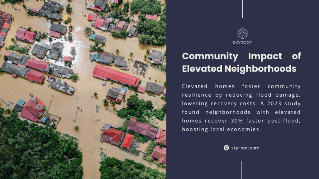 Aerial view of a flooded neighborhood with elevated homes, showcasing flood damage and resilience, with red-roofed houses surrounded by water.
