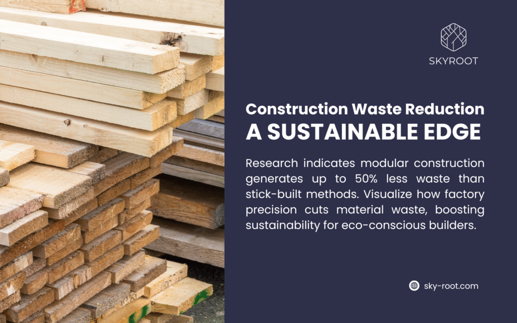 Image shows a stack of wooden planks on the left. The right side features a Skyroot logo and text on a dark background titled "Construction Waste Reduction A SUSTAINABLE EDGE," stating modular construction generates up to 50% less waste than stick-built methods. It highlights factory precision cuts reducing material waste, boosting sustainability for eco-conscious builders, with a website link (sky-root.com).