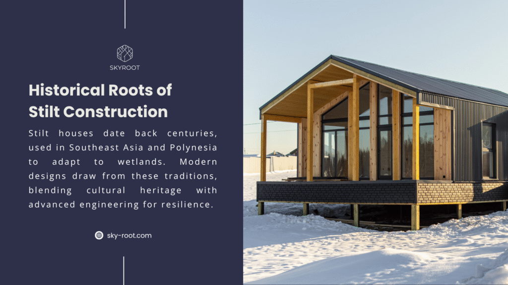 Historical Roots of Stilt Construction
Alt: Modern stilt house with elevated wooden structure, large glass windows, and dark exterior, built on snowy ground, blending traditional design with advanced engineering.