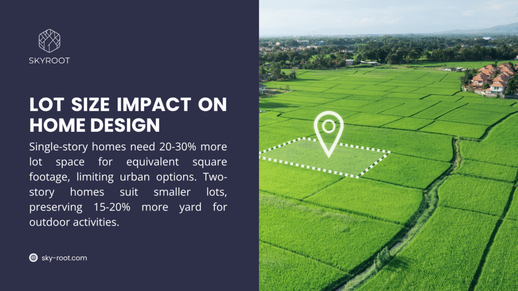 Skyroot logo with text "Lot Size Impact on Home Design" explaining single-story homes need 20-30% more lot space, two-story homes fit smaller lots with 15-20% more yard, over a green field with a marked plot.