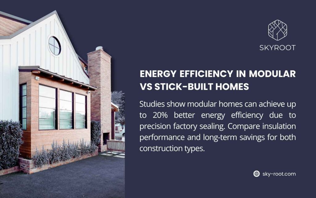 A modern house with white vertical siding, a brick chimney, and large windows, featuring a circular window near the roof. The house is surrounded by neatly trimmed bushes and small plants along the base. Text overlay reads "ENERGY EFFICIENCY IN MODULAR VS STICK-BUILT HOMES" with details: "Studies show modular homes can achieve up to 20% better energy efficiency due to precision factory sealing. Compare insulation performance and long-term savings for both construction types." The Skyroot logo and website (sky-root.com) are in the top right corner.